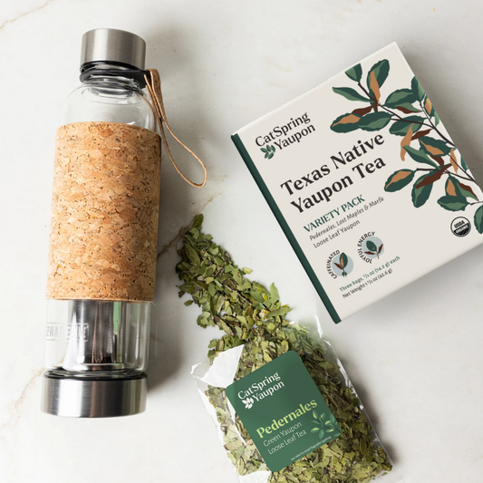 Loose Leaf Yaupon Tea Starter Kit – 3 Roasts + Glass Tumbler