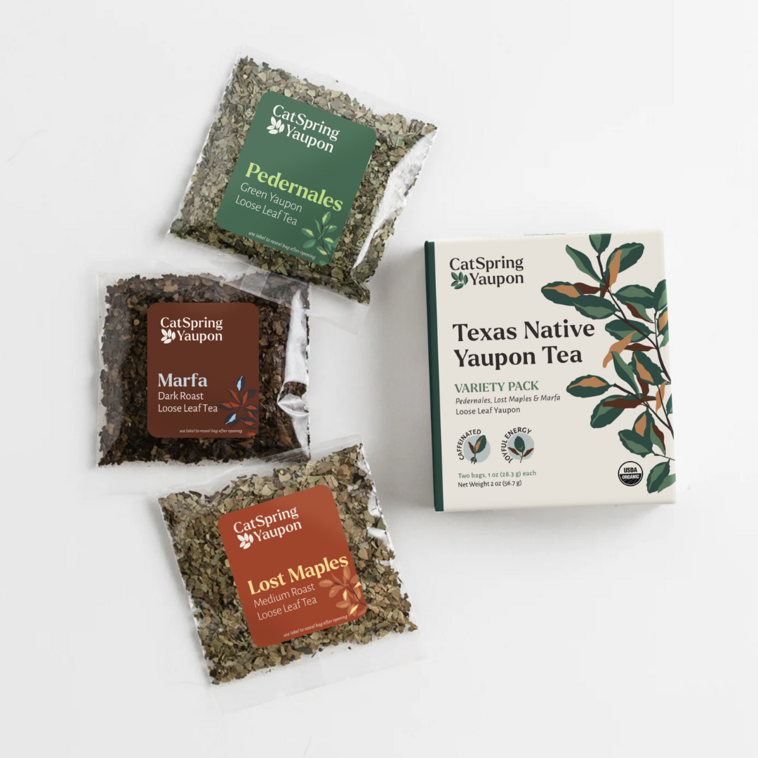 Loose Leaf Yaupon Tea Starter Kit – 3 Roasts + Glass Tumbler